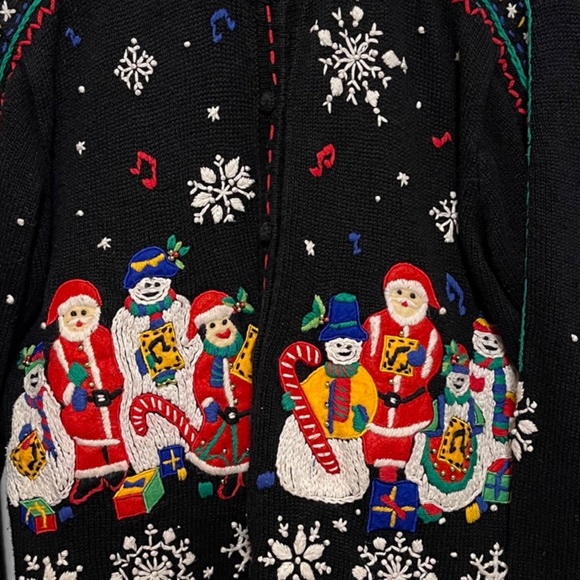 VTG Holiday Christmas Carolers Embroidered Black Sweater Cardigan Women's Sz M - Picture 7 of 9